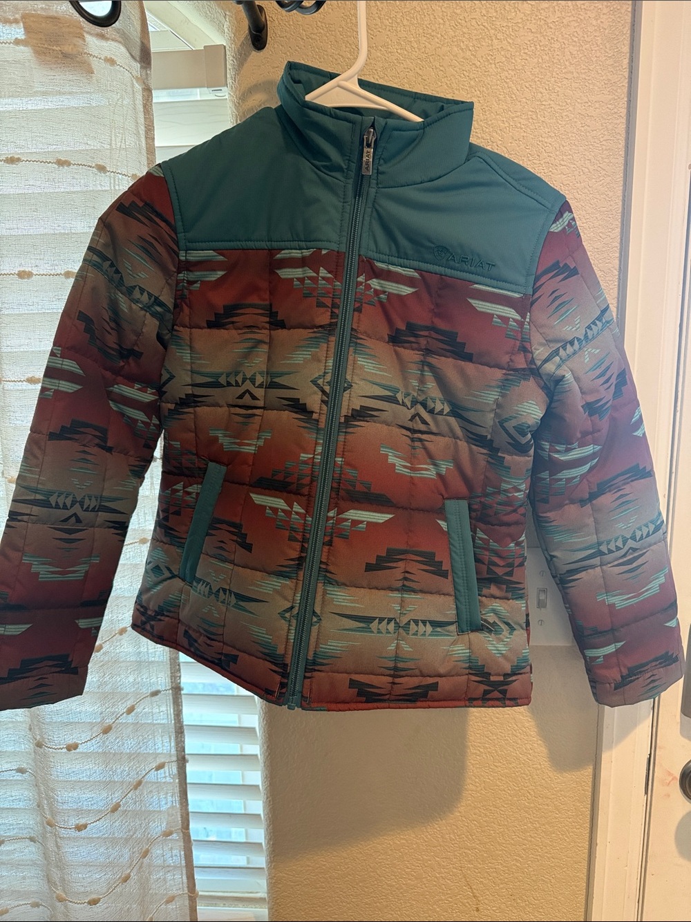 Ariat Girl’s Teal and Rust Southwestern Print Kids Puffer Jacket